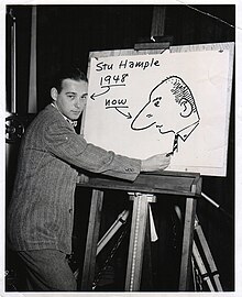 Hample drawing in 1948. The photo was retouched to include the cartoon image of himself at a later date.