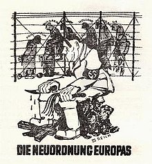 Polish resistance satirical poster - "New European Order" (German: Die Neuordnung Europas) - Polish reaction to Hitler's plans to establish a "new order" in Europe, under the domination of Nazi Germany. In the middle: Adolf Hitler; background: imprisoned European nations (France, Bulgaria, the Netherlands, Yugoslavia, Belgium, Greece, Poland, Hungary) New European Order.jpg