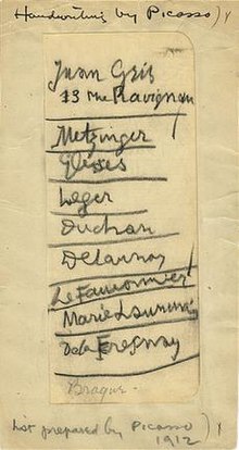 A list written in 1912 by Pablo Picasso of European artists he felt should be included in the 1913 Armory Show. This document dispels the assertion that an unbridgeable divide separated the Salon Cubists from the Gallery Cubists. Walt Kuhn family papers and Armory Show records, Archives of American Art, Smithsonian Institution. A list written by Pablo Picasso of European artists to be included in the 1913 Armory Show, 1912. Walt Kuhn family papers, and Armory Show records, Archives of American Art, Smithsonian Institution.jpg