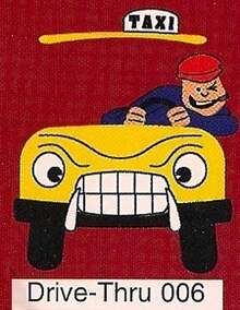 A cartoon-style illustration of a man driving a taxi. The man has a cigar and is winking, and the taxi has an angry face. The text "Drive-Thru 006" appears at the bottom of the image.