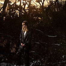 Tamara Lindeman standing in a clearing in a dimly lit forest with a golden hour sunset shining through the row of silhouetted trees behind her.