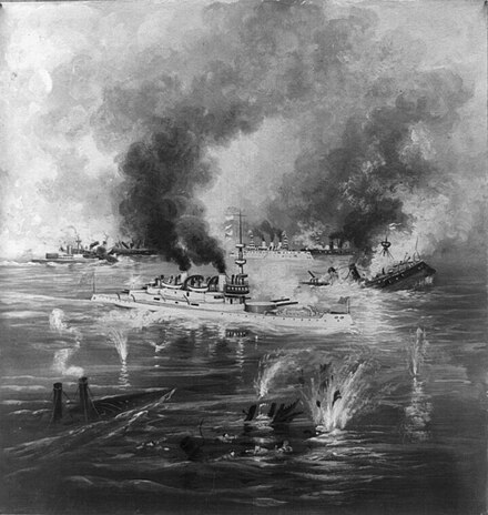 Painting of the Indiana during the battle of Santiago