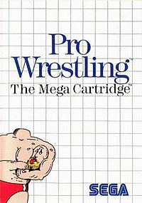 Box art for Sega Master System game pro wrestling, featuring a muscle bound professional wrestler holding his head in his arms