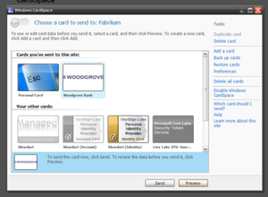 Uživatelské rozhraní Windows CardSpace běžící na Windows XP, zobrazující příklad šablony pro vytvoření karty.