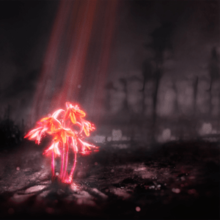 A glowing pink and orange plant growing in a dark and dead forest