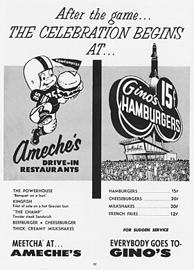 Ad for Ameche's Drive-Through and Gino's Hamburgers from a 1962 Colts game program.