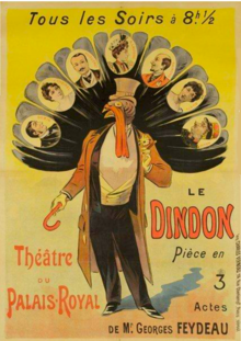 Theatre poster depicting male human body with turkey's head, wearing top hat