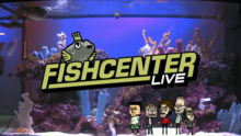 The words "fish" and "center" in yellow capital letters, along with the word "live" in white capital letters, with a cartoon depiction of a white-spotted puffer fish above the words, all centered with a fish tank in the background, with five cartoon depictions of the program's human hosts near the bottom right of the image.