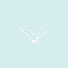 Two arms, holding hands, on a light blue background.