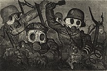 Print in greyskale of approaching soldiers in World War I helmets and gas masks, one of them holding a stick grenade