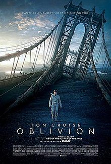 A man, wearing a white jacket with a gun on his back, walks through a destroyed bridge. The tagline "Earth is a memory worth fighting for" appears on the top while Tom Cruise's name, the title of the film, the rating and the rest of the credits appears on the bottom.
