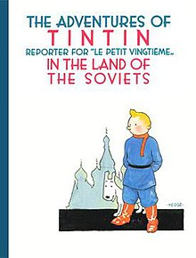 Tintin and Snowy are standing against classic Russian architecture.