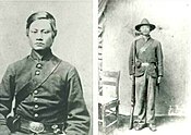 Filipinos served the Union cause while some enlisted with the Confederates in Louisiana, serving in the Confederate Army. The majority of Filipino recruits during the war served in the Union Navy. Pictured is Corporal Felix Cornelius Balderry, one of two Filipinos to serve in the Union Army was born in the Philippines, belonged to the 11th Michigan Volunteer Infantry Regiment, Companies A and F, fighting in the Battles of Resaca and Kenesaw Mountain, and the siege of Atlanta. Felix Balderry Filipino Union Army Soldier Photo Collage.jpg