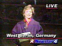 KOMO-TV's Kathi Goertzen in a screengrab from a 1989 report on the Berlin Wall takedown. KOMO Kathi Goertzen Berlin wall.jpg