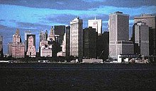 Another shot of Metropolis, which actually is Lower Manhattan with minor edits, like the removal of the modern 17 State Street and replaced with an older looking tower. The Daily Planet Building and others can be seen. Lowermansuperman.jpg