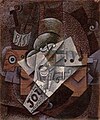 Pablo Picasso, 1913, Bouteille, clarinette, violon, journal, verre, 55 x 45 cm. This painting from the collection of Wilhelm Uhde was confiscated by the French state and sold at the Hôtel Drouot in 1921