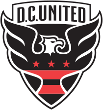 A shield with stylized black eagle facing right with three red stars and two red strips across its chest, and the words "D.C. UNITED above."