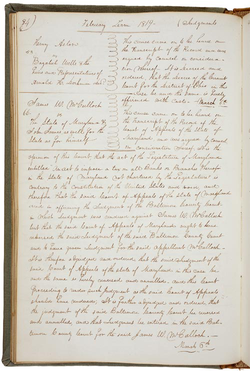 The text of the McCulloch v. Maryland decision, handed down March 6, 1819, as recorded in the minutes of the Supreme Court of the United States, in which the Court determined the separate states could not tax the federal government.