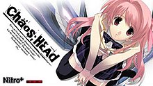 A stylized illustration of a young woman with pink hair, wearing a school uniform. She sits by a futuristic sword-like weapon, which is flat on the ground, running diagonally across the cover. Running parallel with the weapon is the game's logo, saying "Chäos;HEAd" in large fonts. The background is entirely white.