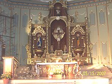 The Altar of St. Francis Xavier Parish in Nasugbu, Batangas, Philippines. St. Francis is the principal patron of the town, together with Our Lady of Escalera. Nasugbu 31 (New Church Altar).JPG