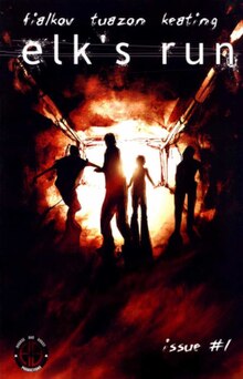 Four figures standing in a mine shaft, silhouetted against a bright light.