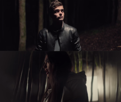 A split screen of Martin Garrix looking off the screen with a light on his face on the top, and Dua Lipa in a forest with her mouth open on the bottom
