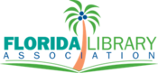 A palm tree standing over what looks like a book with the words Florida Library Association across the middle