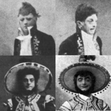 top row: a doddering diplomat in court dress; bottom row: an exaggeratedly exotic Brazilian character with large sombrero