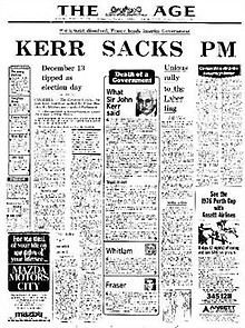 Front page of The Age reporting the dismissal of the Prime Minister on 11 November 1975 TheAgeNov111975.jpg