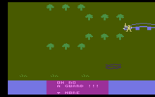 An open field with rows of trees and a prompt reading "Oh No! A Guard" a player is stopped from moving across a bridge.