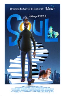 The poster shows Joe Gardner in his human form walking down piano key-esque stairs with a cat and buildings of New York City as a backdrop. On the letter "L" in the film's logo, Joe's soul form is standing next to 22. On top, the film's release date, along with credits on the bottom.