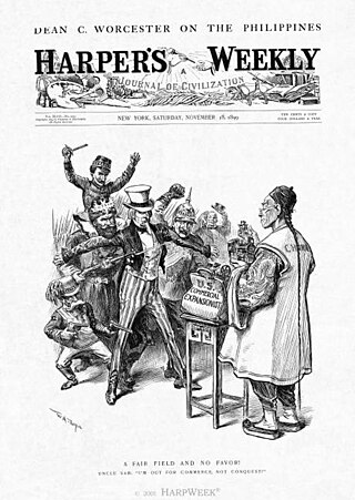 Uncle Sam (United States) rejects force and violence and ask "fair field and no favor"--that is, equal opportunity for all trading nations to peacefully enter the China market. This became the Open Door Policy. Editorial cartoon by William A. Rogers in Harper's Magazine November 18, 1899. Fair field and no favor.jpg