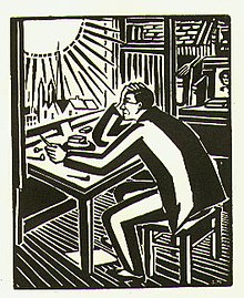 Black-and-white illustration of a man seated and hunched over a table, facing left, hold his art tools. Out the window on the left, the sun beats down upon the man.