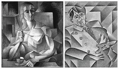 Jean Metzinger, 1911, Le Gouter (Tea Time) (left), and Juan Gris, 1912, Hommage a Pablo Picasso (right) Jean Metzinger, Le Gouter, Tea Time (1911) and Juan Gris, Hommage a Pablo Picasso (1912), black and white.jpg