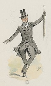 coloured picture of a man in morning coat and top hat waving a furled umbrella and dancing jauntily