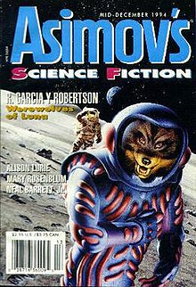 Magazine cover with a dog-like face visible through the helmet of a spacesuit on a surface like the Moon