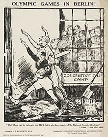A 1935 political cartoon by Jewish British artist John Henry Amshewitz; Nazi sportsmen trample the Olympic spirit while marching past a concentration camp holding, among others, Jews and a "non-political sportsman". The axe of "Nazi justice" chops away at the tree of sport. Olympic Games in Berlin! - John Henry Amshewitz.jpg