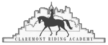 The Claremont Riding Academy logo, a black-and-white drawing showing the silhouette of a horse and rider, stylized bushes behind them, and a stylized city skyline behind the bushes. At bottom, square letters spell out Claremont Riding Academy.