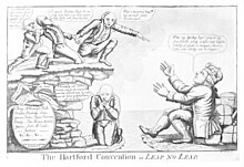A political caricature of delegates from the Hartford Convention deciding whether to leap into the hands of the British, December 1814. The convention led to widespread fears that the New England states might attempt to secede from the United States. TheHartfordConventionOrLeapNoLeap.jpg