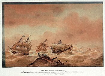 The day after Trafalgar; the 'Victory' trying to clear the land with the 'Royal Soveriegn' in tow to the 'Euryalus'.jpg