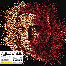 The cover image features a pill filled face of Eminem. At bottom-left title: RELAPSE, appears in bold and capitalised format.