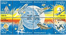 Space Achievement commemorative issue 18-cent stamps in a block of eight format Space Achievement commemorative issue stamps 1981 USA-1912-19.jpg