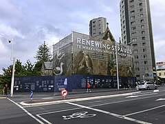 Building restoration scaffold wrap, including Ngāti Whātua Ōrākei and St Paul's timelines, 2020.