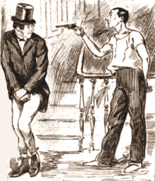 man with trousers but no jacket threatening man without trousers but with jacket and top hat