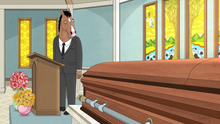 The animated TV character BoJack Horseman (voiced by Will Arnett) stands behind a podium at a funeral parlor, looking at a closed casket.