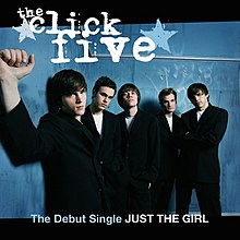 The cover consists of the band wearing suits against a blue background with white markings. The band's logo appears on top and below them is the phrase: "The Debut Single JUST THE GIRL".