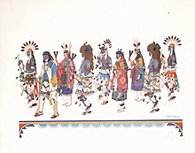 Colorful painting shows 9 human figures in a line. Apparel is colorful and carefully rendered.