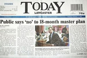 Front page of the Lancaster Today newspaper, D...