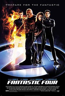 The Four; Mr. Fantastic, The Thing, The Invisible Woman and The Human Torch are standing with their uniforms on the circled number "4" below them, and the film's title, credits and release date underneath them.