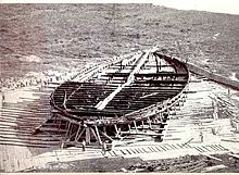 The hull of one of two ships recovered from Lake Nemi during the 1930s.  This massive vessel served as an elaborate floating palace to the emperor.